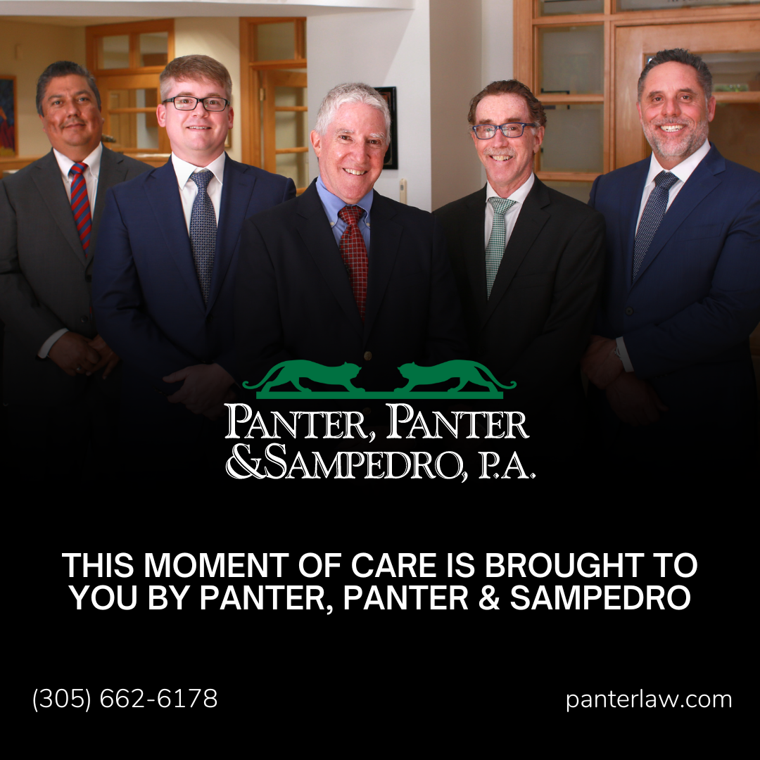 Panter, Panter & Sampedro, P.A. legal team standing in their office with the text "This moment of care is brought to you by Panter, Panter & Sampedro, P.A." along with contact information and logo on a promotional flyer for WDNA 88.9FM Serious Jazz Community Public Radio.