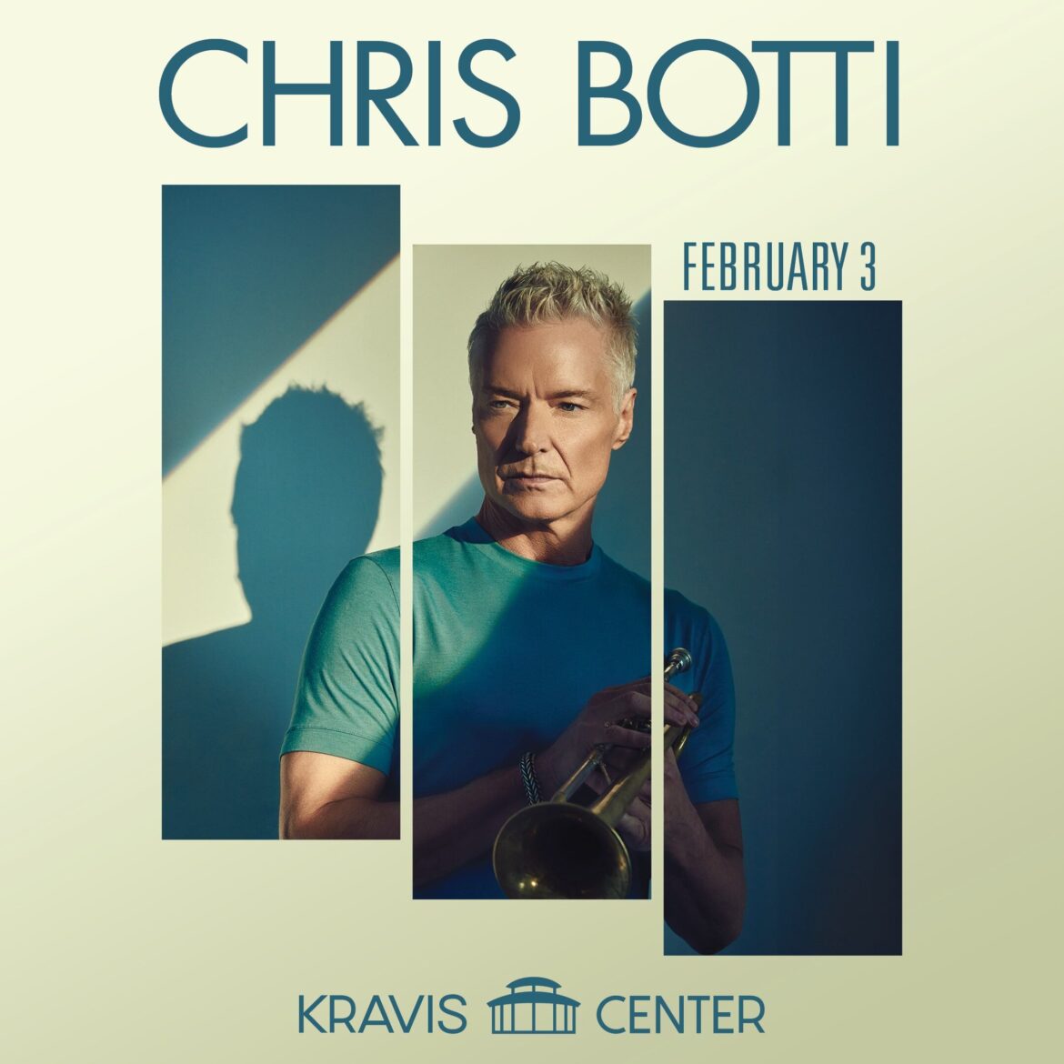 Chris Botti holding a trumpet, promotional image for his February 3 concert at the Kravis Center.